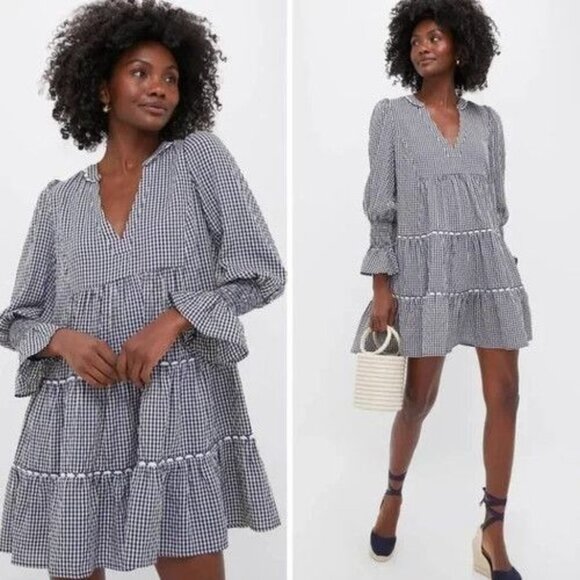 Pomander Place Dresses & Skirts - Pomander Place Long Sleeve Kenzo Dress Navy Blue Cream Gingham Womens Size XS